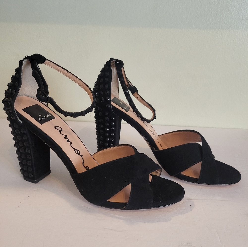DOLCE VITA AMORE Black Leather Buckle Sandals Heels Jeweled Size 8.5 M